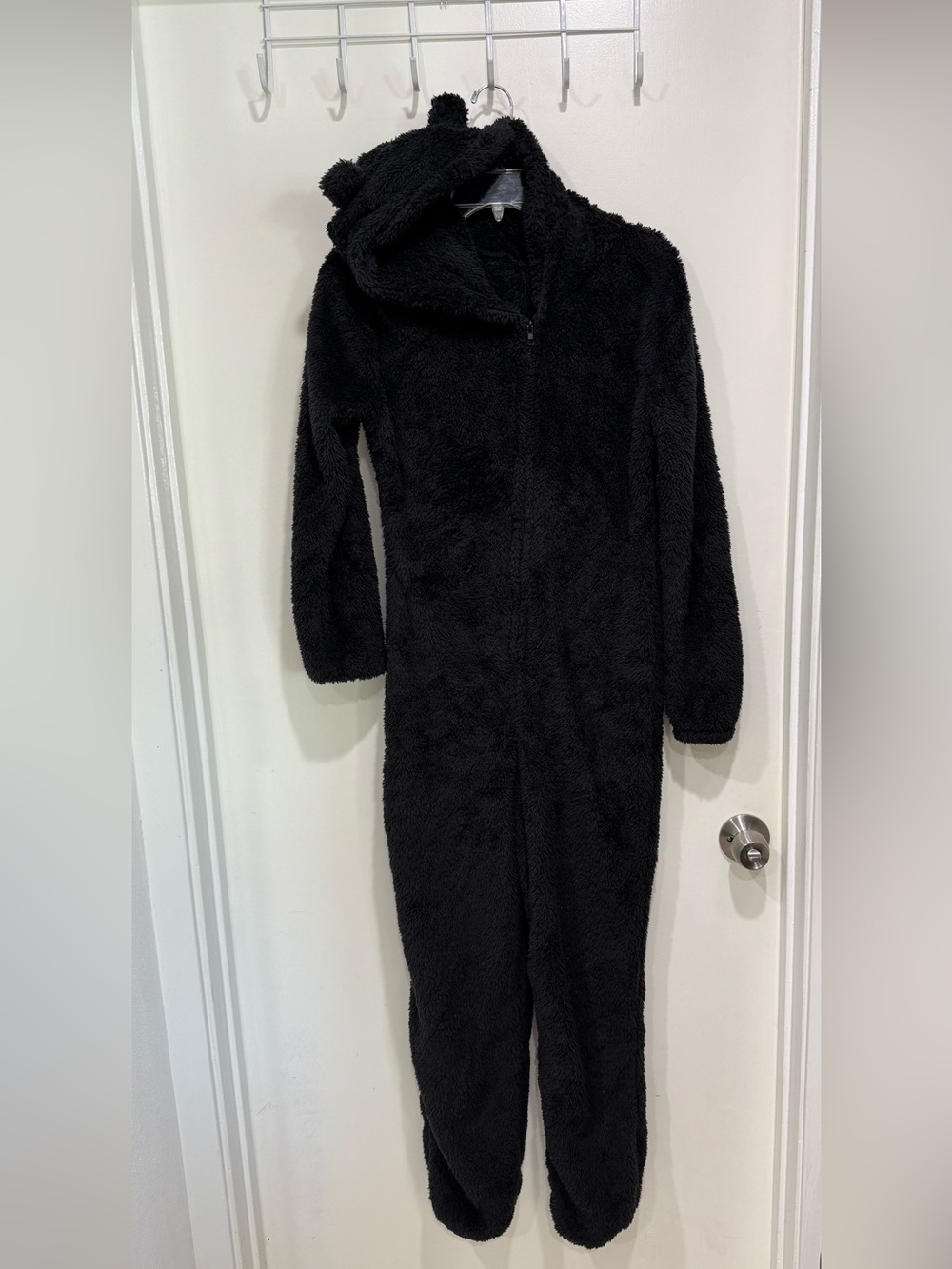 Women’s Cozy Black Fuzzy Bear Hooded Onesie size M